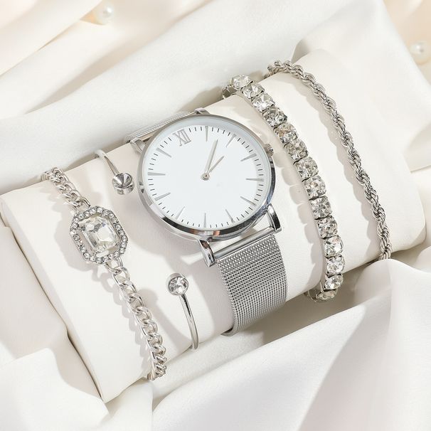 5pcs/set simple silver mesh strap ladies quartz watch + versatile diamond bracelet_voghion.com