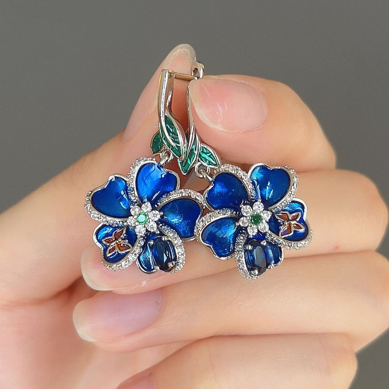 Cao Shilan Enamel Pendant Earrings Butterfly Dropping Glue Flower Embedding Diamond Earrings Creative Flower Earrings_voghion.com