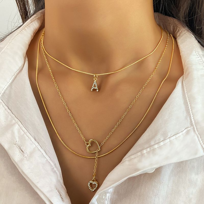 Bohemian Ethnic Retro Women Necklace High-end Sense Diamond-encrusted Love Pendant Three-layer Necklace Versatile Gold Letter A Neck Collarbone Chain_voghion.com