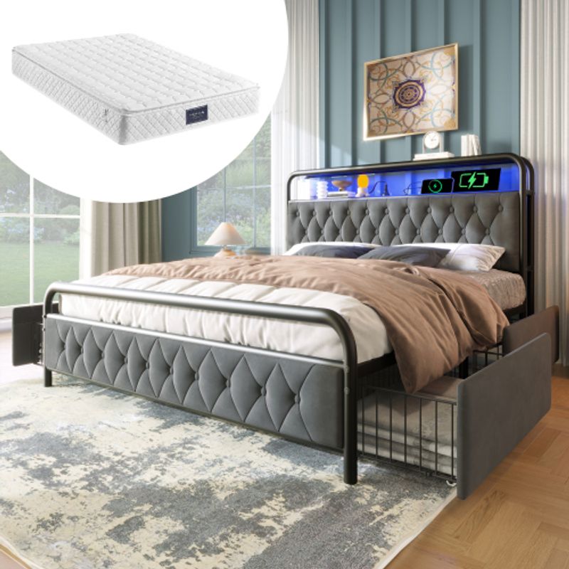 Polsterbett Doppelbett Mit Aufladen USB Type C Ladefunktion APP-Control LED Bettgestell Metallbett 160×200 Bettrahmen Und 4 Schubladen, Samt (Mit Matratze)_voghion.com