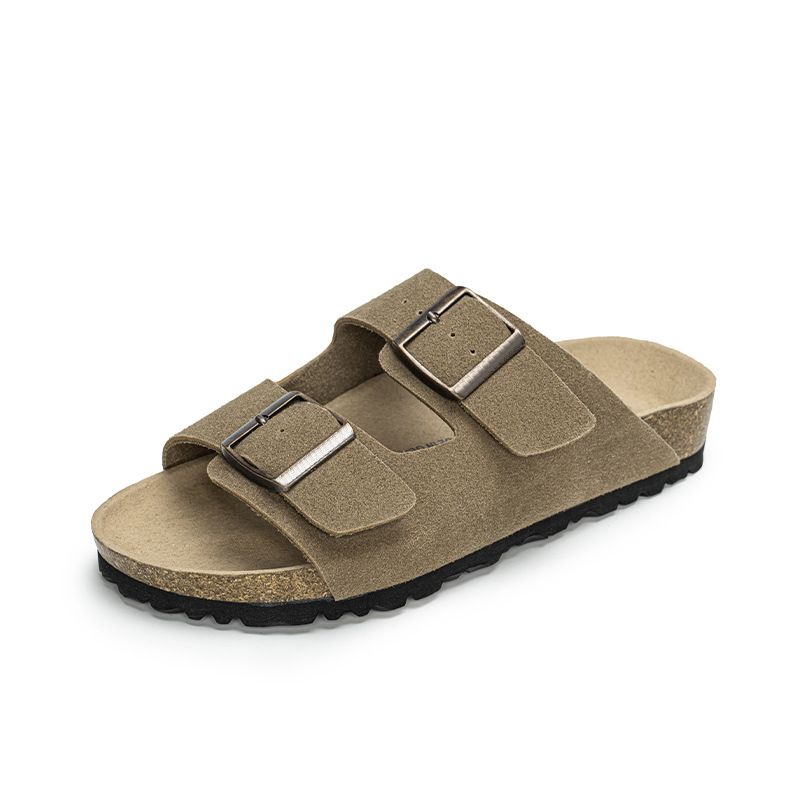 Tofflor Tjocksulor Frostat läder Korkbotten Tofflor Dam Beach Dubbelknäppta sandaler Slides_voghion.com