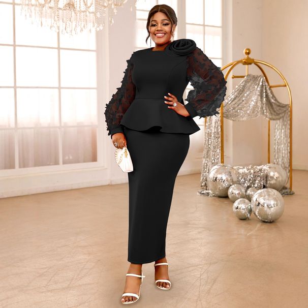 Plus Size Elegant Party Dress – Flowy Bell Sleeve Midi Dress With Ruffled Hem, High-Waist Black Formal Gown For Women_voghion.com