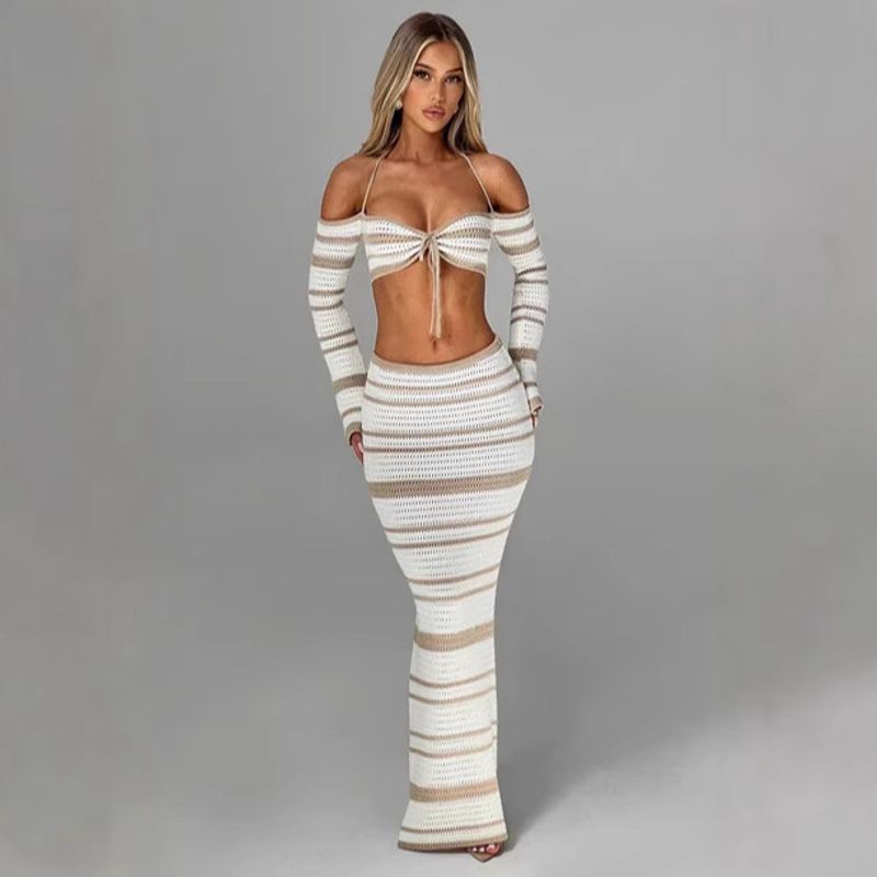 Damen Kleidungsset Sommer Gestreift Langarm Neckholder Top Rock Zweiteiliges Set_voghion.com