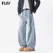 FUIV American High Street Jeans fir Hären Fréijoer Pinch Fold Breetbeen Loose Riicht Tube Gewaschen Rascal Schéin Casual Hosen_voghion.com