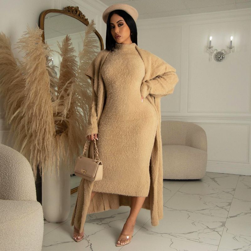Damenbekleidung, Temperamentkleid und Mantel, zweiteilig, modisch, locker, lange Strickjacke, Samtanzug_voghion.com