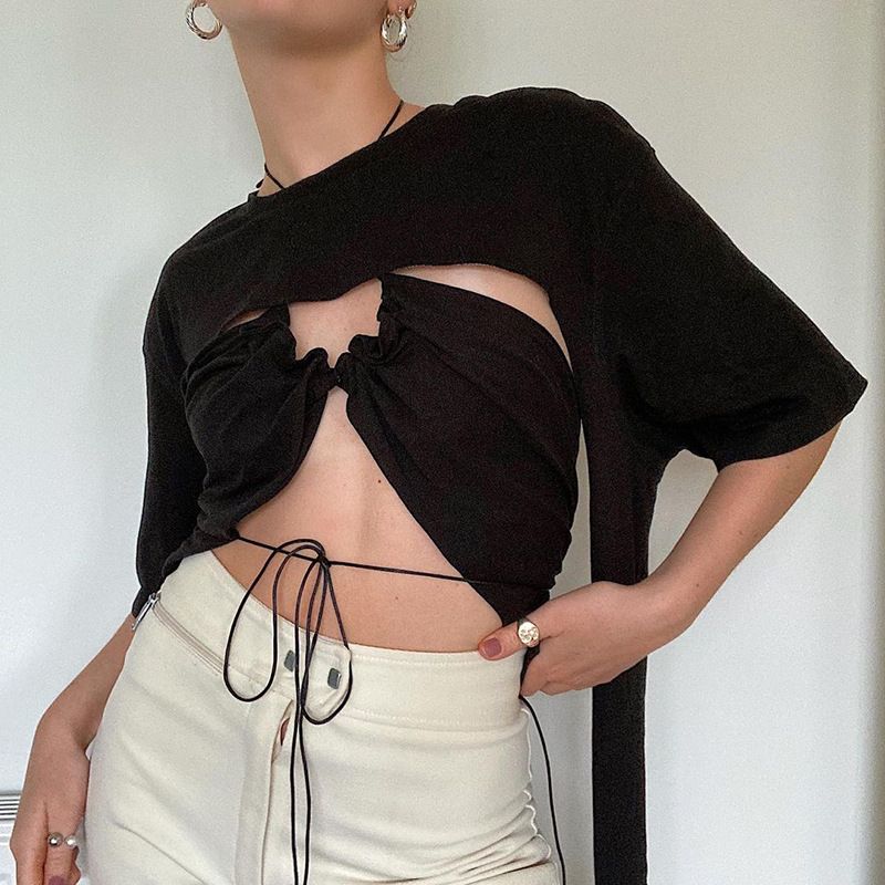 Plus Nine M21TP275 Summer Nei Damen Pullover Ronn Hals Einfarweg Schnürsenkel Broschtwéckel Zwee-Stéck Set fir Fraen_voghion.com