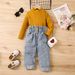 Abbigliamento per bambini e bambine, tinta unita, a maniche lunghe, con collo alto, pantaloni in denim arricciati, set da due pezzi_voghion.com