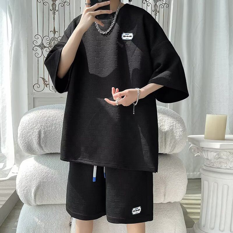 Herrenbekleidung Waffel Sport Freizeitanzug Herren Sommer New Style Trend Zweiteiliger Anzug Rundhalsausschnitt Lockerer Kurzarm-T-Shirt aus Eisseide Trend_voghion.com