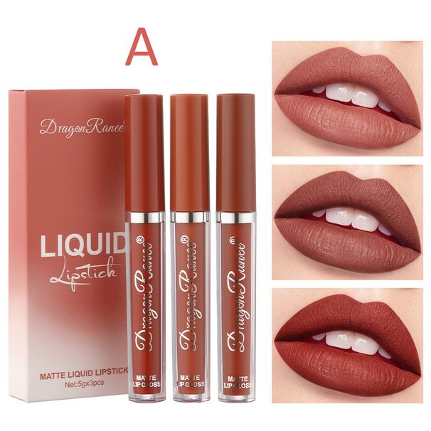 3-Stéck Lipgloss-Set - Samtmatte Lippenstiften a Mandarin, Mëllechtee a brong-rosa Téin_voghion.com