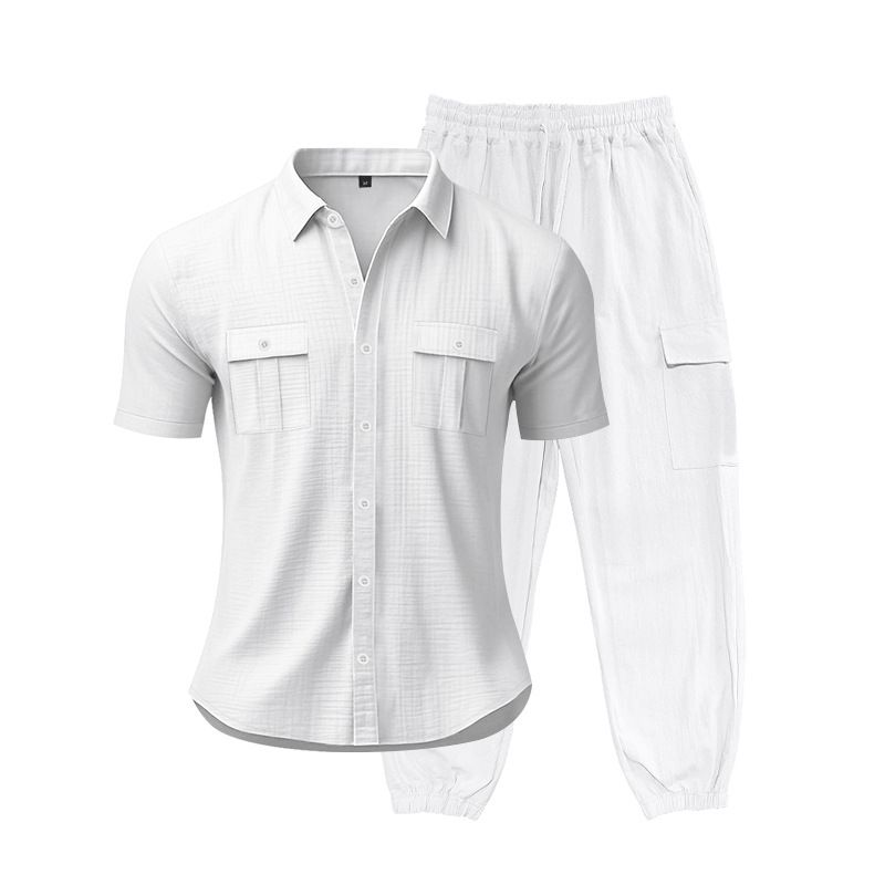Men's Loose High-End Hip-Hop Cargo Sports Casual Long Pants Linen Beach Short Sleeve Shirt Set_voghion.com