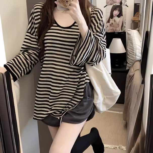 Maglietta a maniche lunghe con protezione solare, stile casual, a righe, girocollo, per donna, estiva, sottile, oversize, ampia e snellente_voghion.com