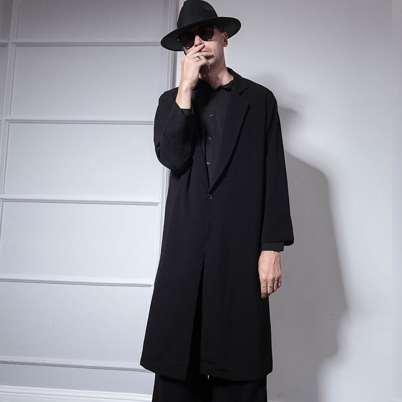Trench-coat long pour homme, vêtement fin, personnalité hip hop, cravate foncée, haut noir, printemps et automne_voghion.com