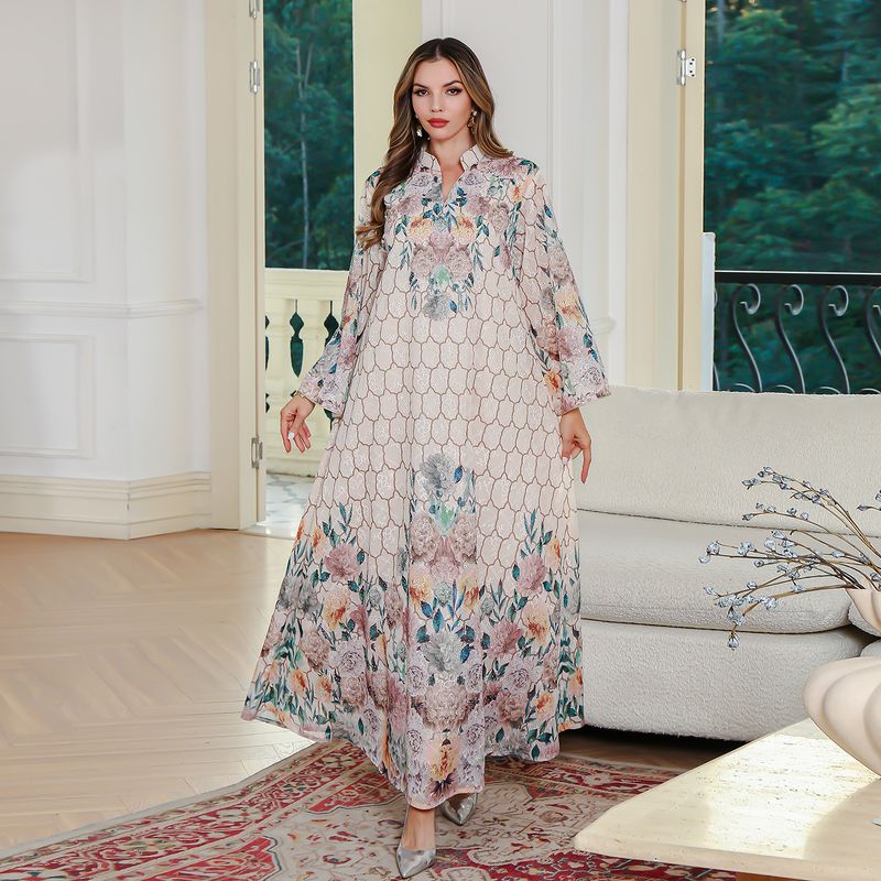 Elegant Dress Embroidered Printed Abaya Muslim Robe Dubai Women's Wear_voghion.com