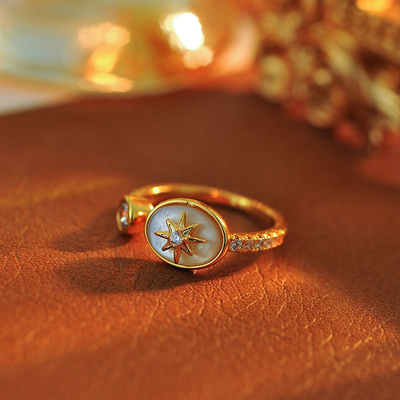 New Palace Style Mother-of-Pearl Starburst Designer Copper Gold Adjustable Open Ring For Women_voghion.com