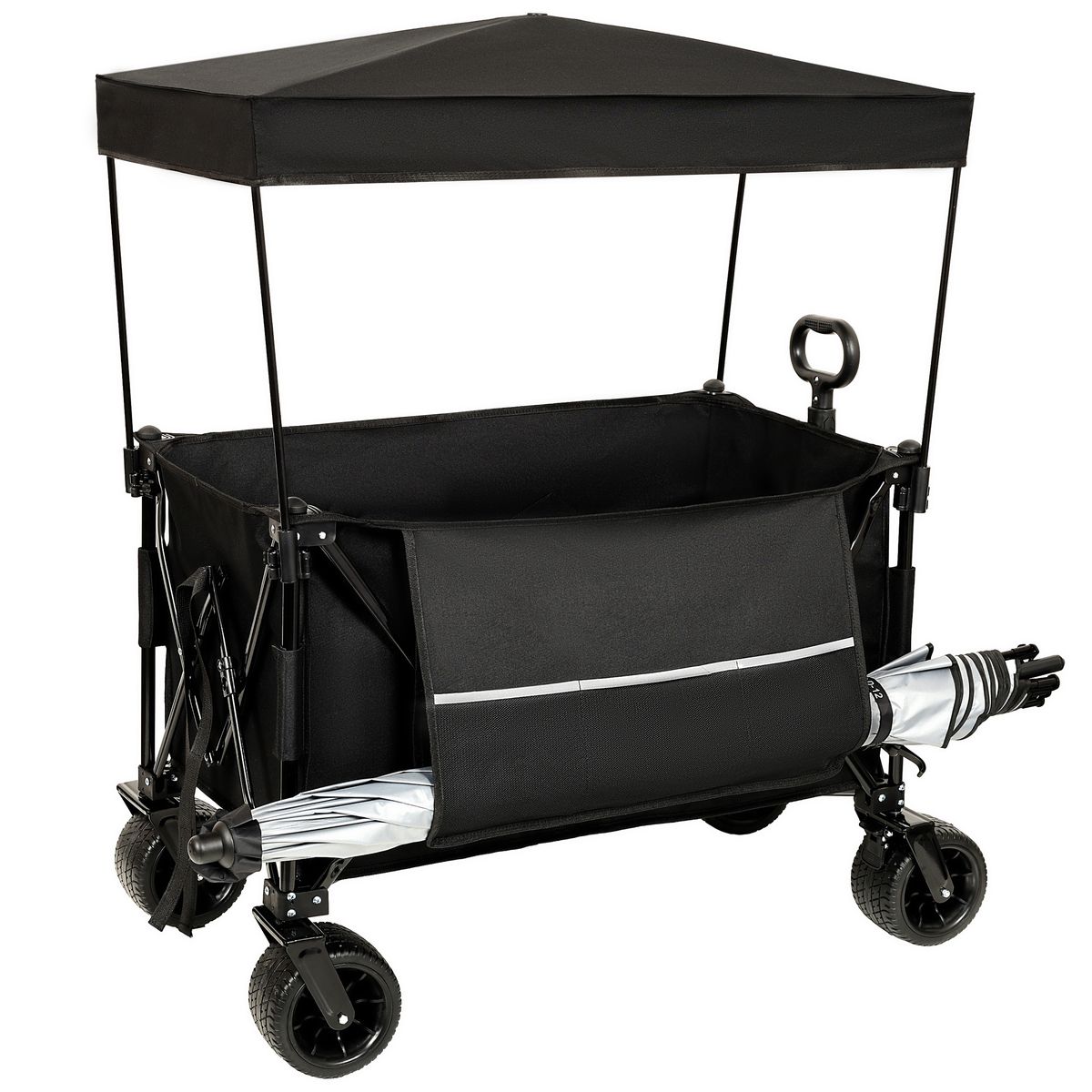 Collapsible Foldable Extended Wagon With Canopy,480lbs Weight Capacity, Heavy Duty Folding Utility Garden Cart With Big All-Terrain Beach Wheels & Drink Holders,Side Pocket And Brakes ,mosquito Net_voghion.com