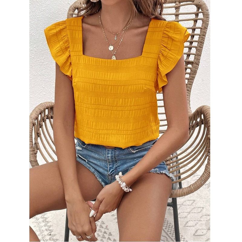 Verve 2025 Women's Spring Summer New Square Neck Ruffle Blouse Top_voghion.com
