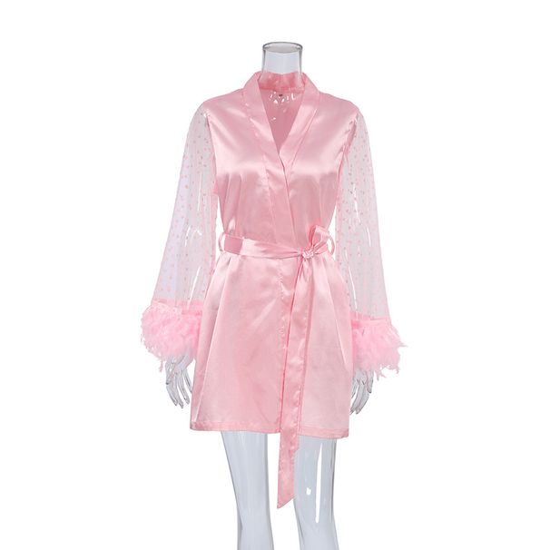 Women's Sleepwears Summer New Simulation Silk Fashion Breathable Pink Feather Mesh Short Nightgown Ladies Home Clothes_voghion.com