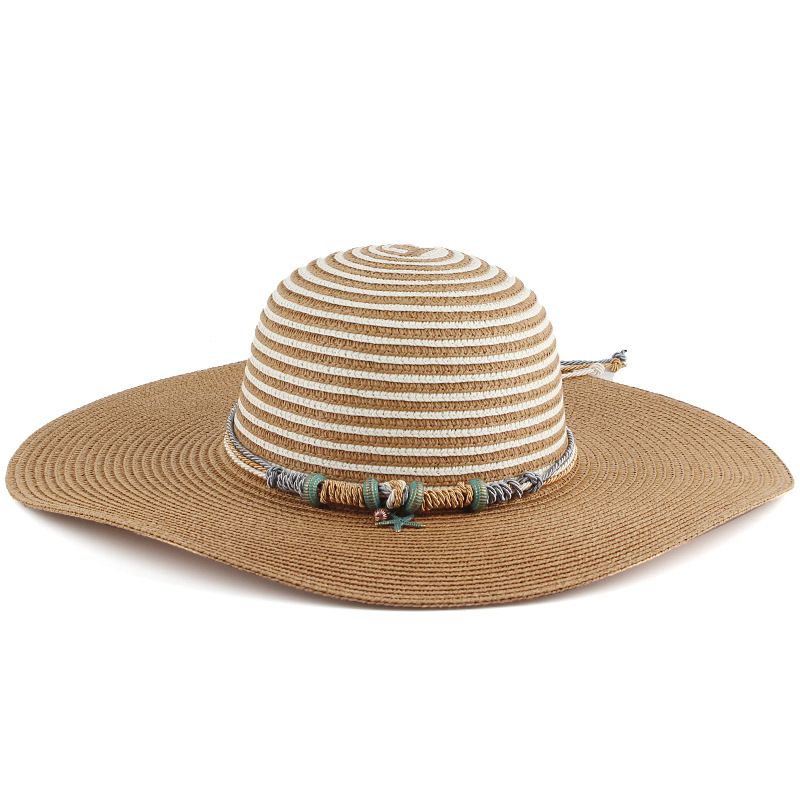 Factory direct sales Korean version women's striped dome straw hat outdoor travel large-brimmed hat summer fashion sun hat_voghion.com