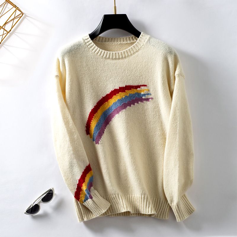Pull tricoté jacquard à rayures arc-en-ciel pour femme, nouvelle mode automne/hiver 2024_voghion.com