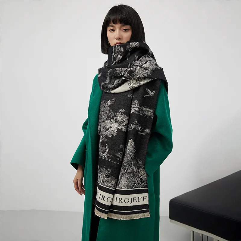 Écharpe en cachemire à motif de paysage pour bureau pour femme, chambre climatisée, longue écharpe tendance épaisse et chaude_voghion.com