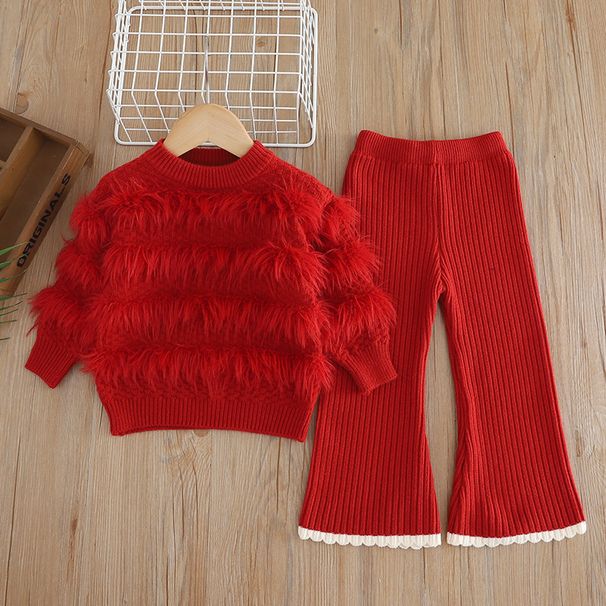 Set aus Strickpullover und flauschiger Schlaghose für Mädchen – Koreanischer Stil, 3–8 Jahre (90–130 cm), weiche Polyestermischung, einfarbig, Beige/Rosa/Rot/Grün_voghion.com