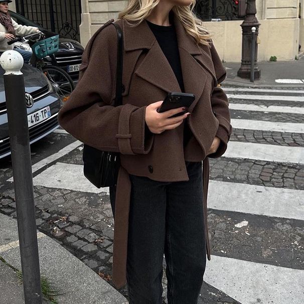 Wool-Blend Double-Breasted Belted Coat – Oversized Lapel, Mid-Length, S/M/L/XL, Dark Brown_voghion.com