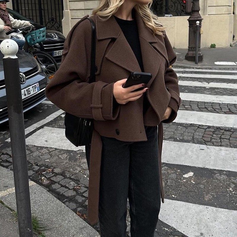 Zweireihiger Mantel aus Wollmischung mit Gürtel – Übergroßes Revers, Mittellang, S/M/L/XL, Dunkelbraun​_voghion.com