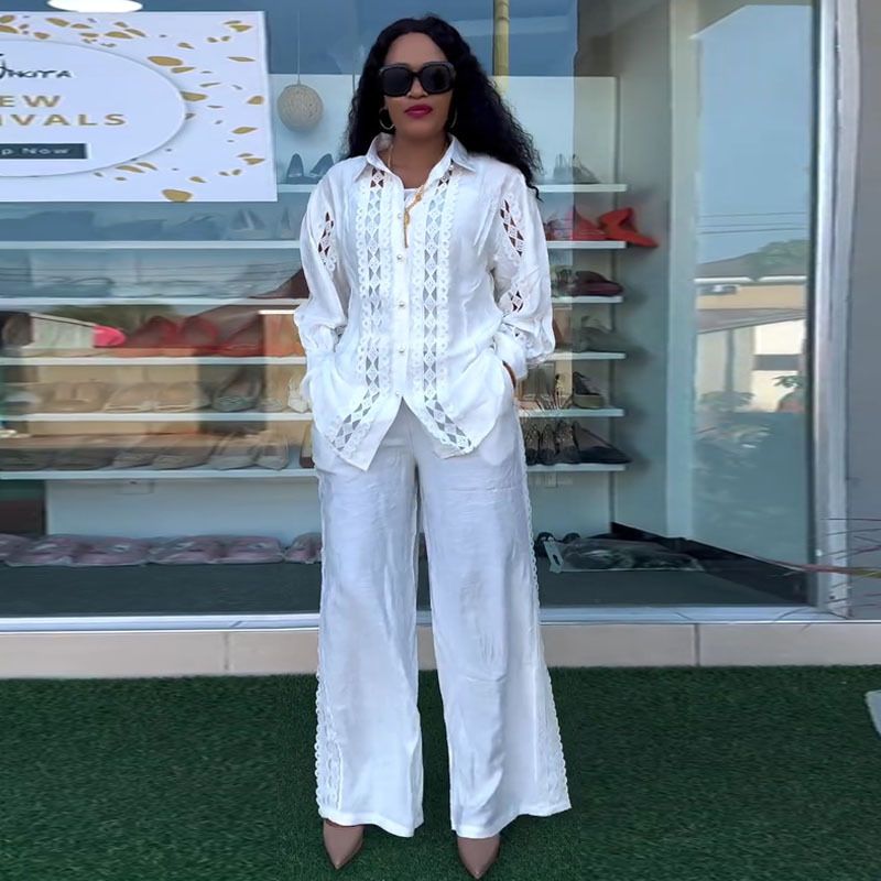 Trajes de mujer, moda, con encaje calado y gancho, camisa de retazos, cintura alta, pantalones anchos, traje de dos piezas_voghion.com