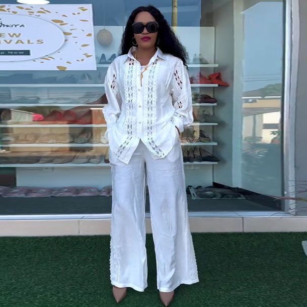 Trajes de mujer, moda, con encaje calado y gancho, camisa de retazos, cintura alta, pantalones anchos, traje de dos piezas_voghion.com
