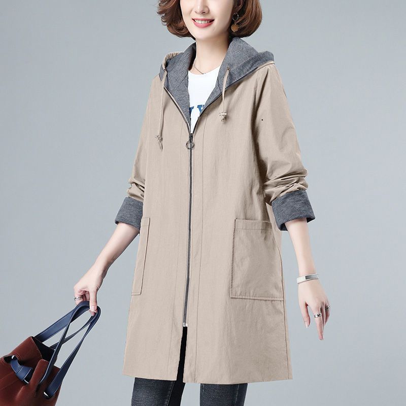Trench da donna taglie forti, giacca a vento casual di media lunghezza con cappuccio, giacca in poliestere elegante e comoda per donne formose_voghion.com