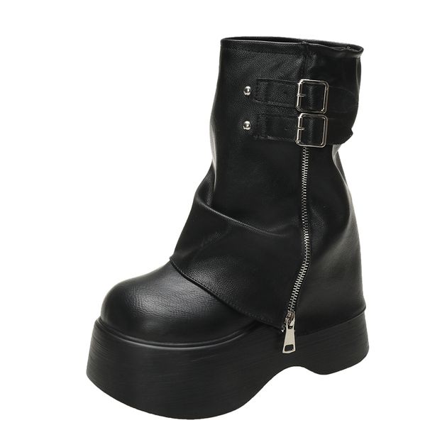 Weiche Leder Knöchel Mitte Wade Winter Herbst Hohe Plattform Keil Britische Booties Frau Neue Damen Klobige Motorrad Stiefel_voghion.com