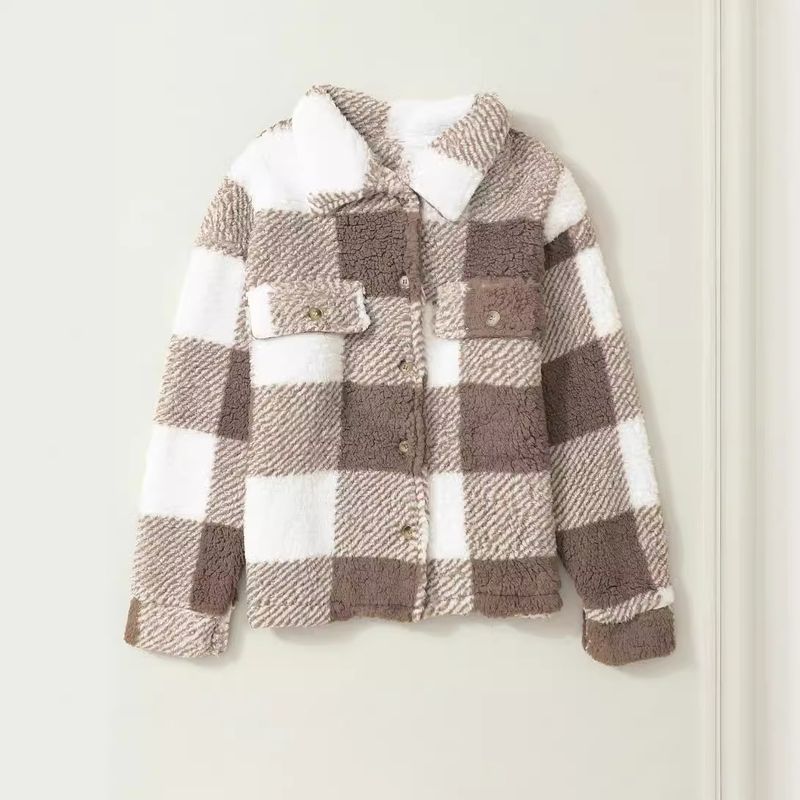 Shiying plaid autumn and winter open button lapel plush loose temperament commuting girls' coat jacket_voghion.com