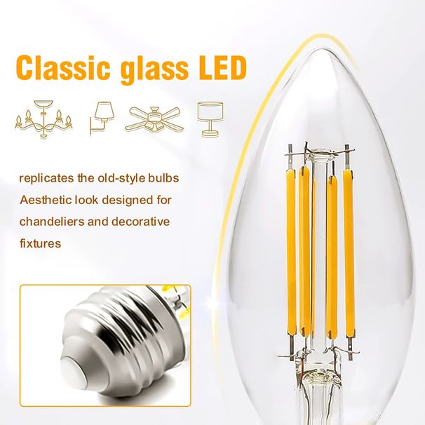 C35/E12/B10 LED Filament Bulb - Vintage Glass Edison Bulb With 90+ CRI, Warm White 2700K, Dimmable, Energy Saving_voghion.com