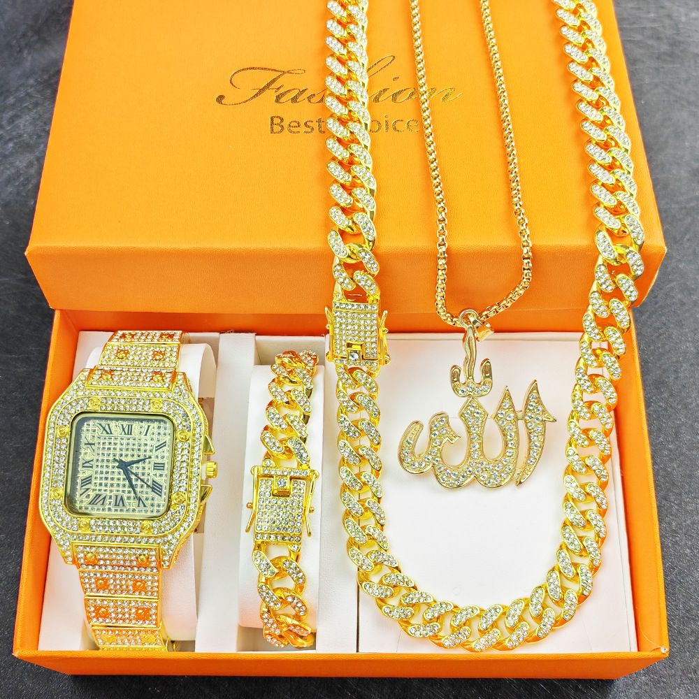 5 vnt. hiphopo laikrodžių apyrankių, karolių, dėžutės rinkinys, deimantiniai laikrodžiai_voghion.com