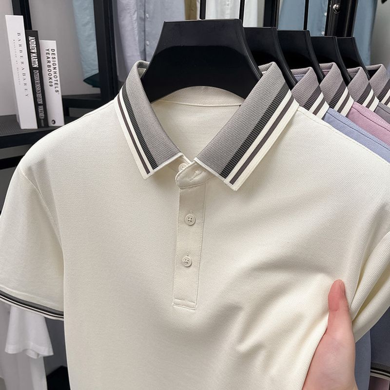 ​​"Men's Summer POLO Shirt – Breathable Business Casual Short Sleeve Tee With Collar (Dark Blue, Light Beige, Elegant Grey-Blue, Ice Pink_voghion.com