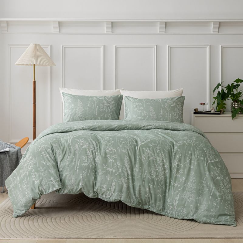 Bedding Sets Brushed Print Green Hand Painted Plant Flower Quilt Set Bedding Three Piece Set_voghion.com