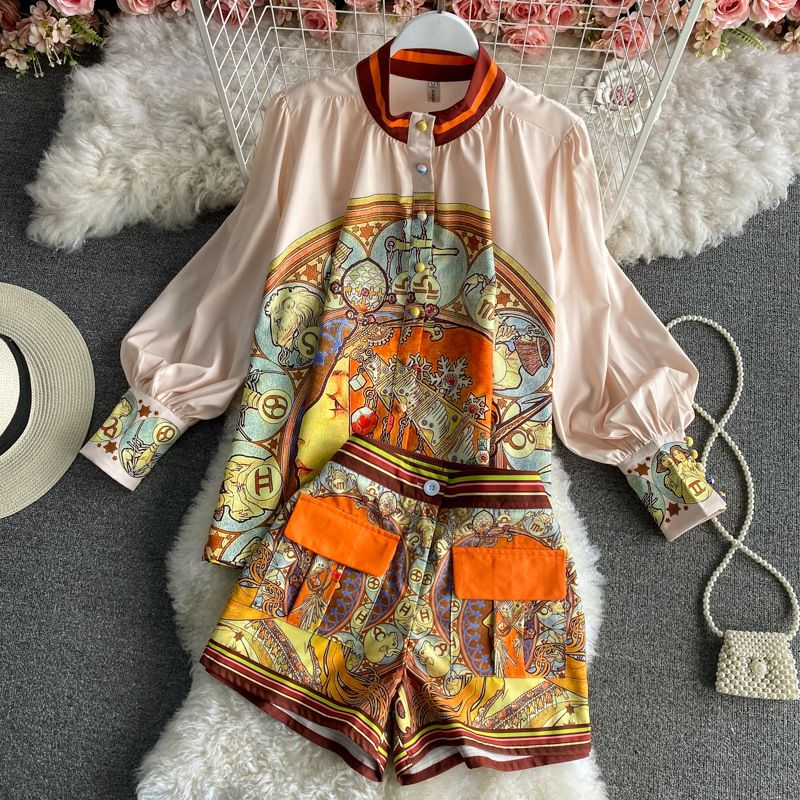 Jupe à fleurs pour femmes, chemise imprimée, ensemble deux pièces_voghion.com