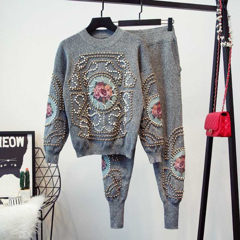 Abbigliamento da donna, maglione casual, maglione con perline, stile profumo piccolo, maglione a punto croce_voghion.com