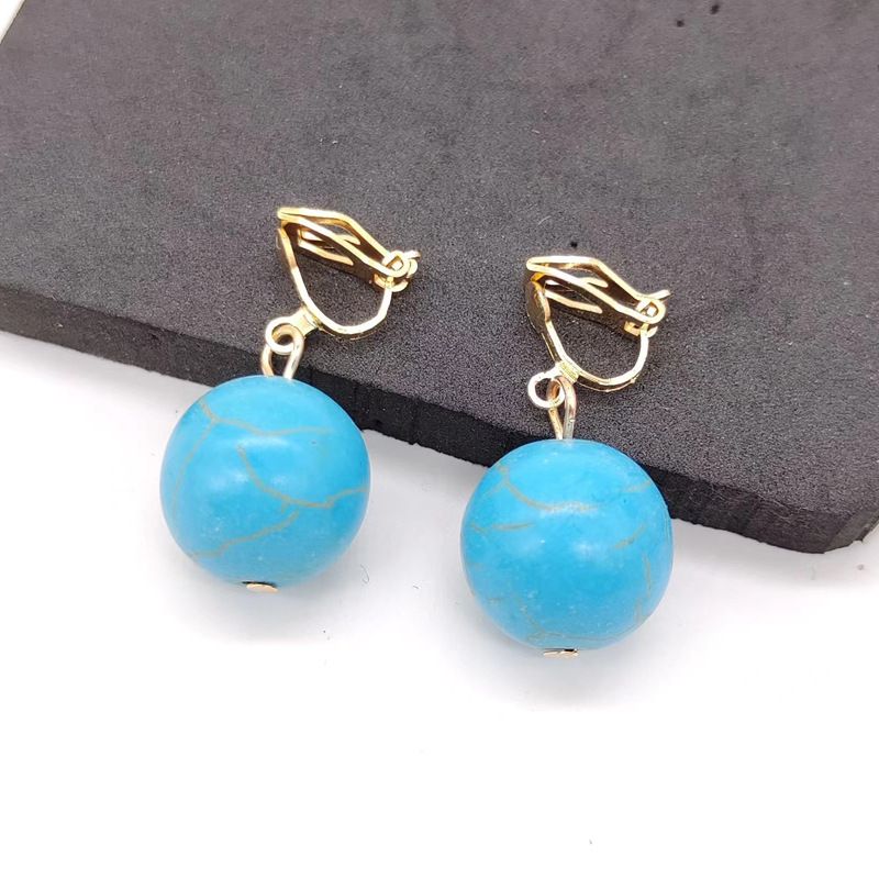 Children's clothing accessories, round bead shaped earrings, ethnic style cracked turquoise earrings_voghion.com