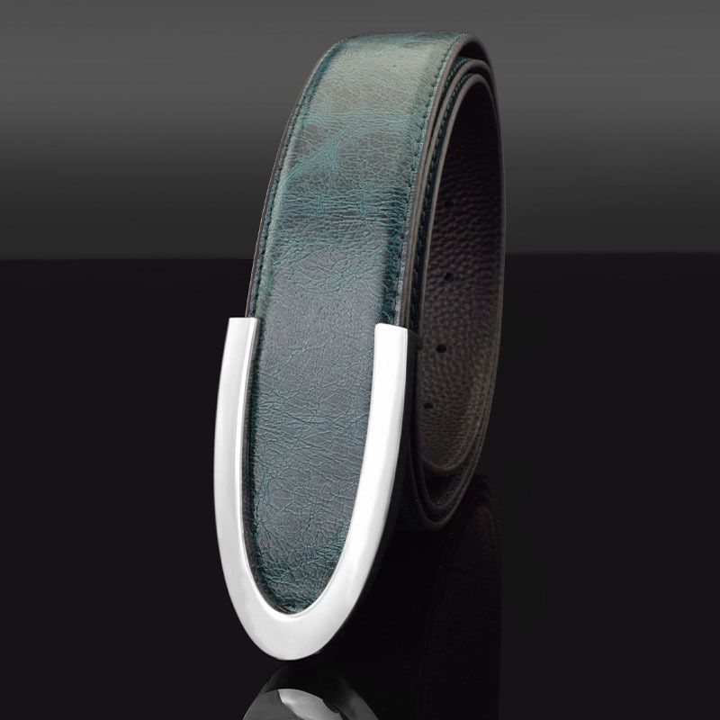 Ceinture de pantalon en cuir gris à boucle lisse pour hommes, Version coréenne pour jeunes, tendance et polyvalente, nouvelle collection_voghion.com