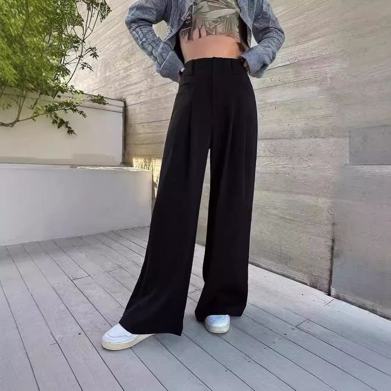 Pantalon large gris pour femme, taille haute, drapé, amincissant, droit, décontracté, petit, pour le travail, printemps et automne_voghion.com