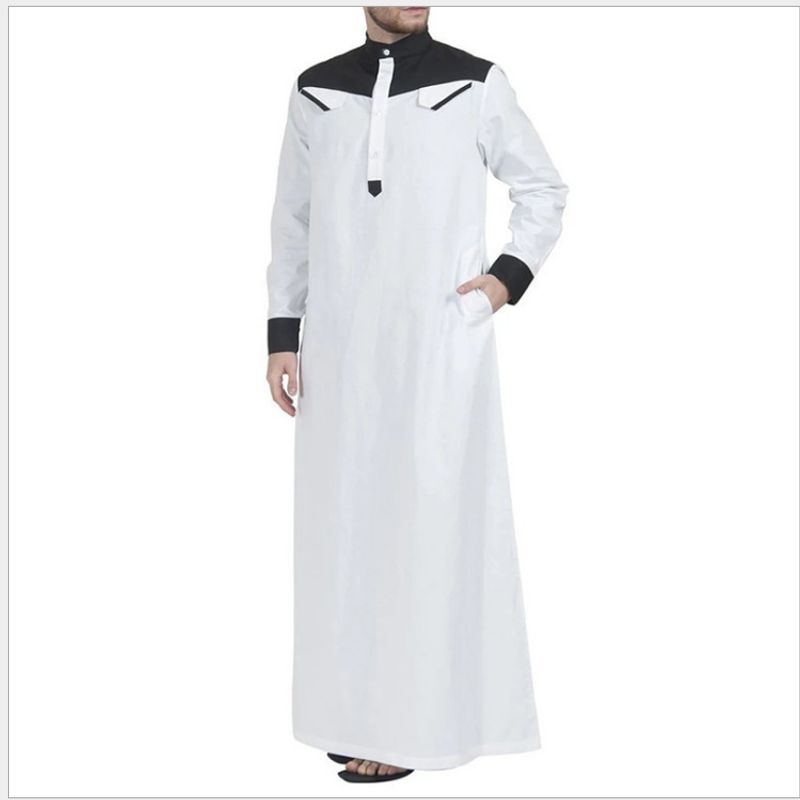 Men's Clothing Muslim Loose Stand Up Collar Contrast Color Long Sleeve Ethnic Style One Piece Robe_voghion.com