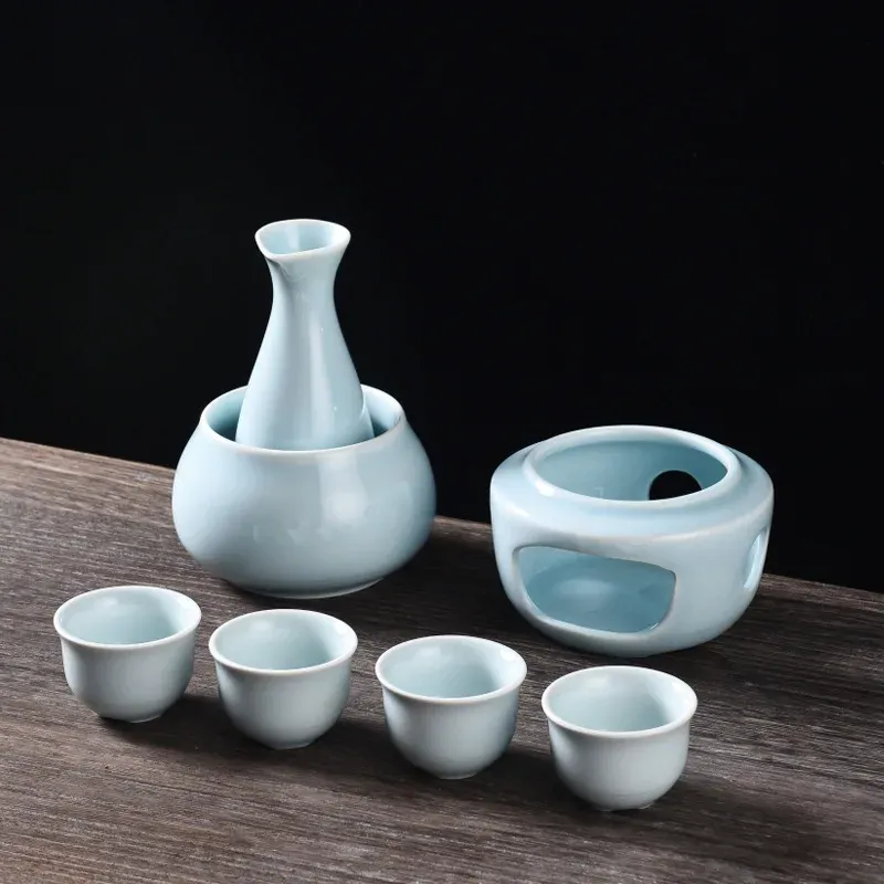 Ceramic Sake Set with Warmer Include 1pc Sake Bottle, 4pc Sake Cups, 1pc Warmer Cup, 1pc Candle Heating Stove_voghion.com