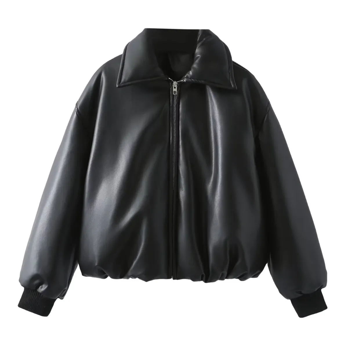 2024 Fall Winter Faux Leather Jacket For Women Oversized Streetwear Cotton Padded Parkas Short Bomber Coat Warm_voghion.com