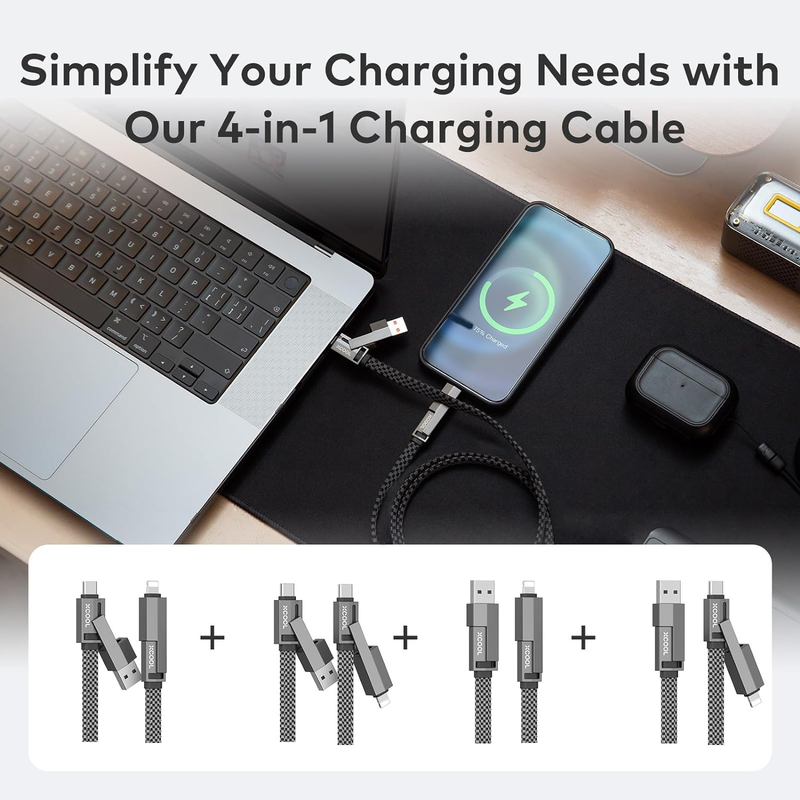 XCOOL USB C cable, 4-in-1 data (6 feet), 100W charger with hook loop fasteners and management, USB-C cable \/fast_voghion.com
