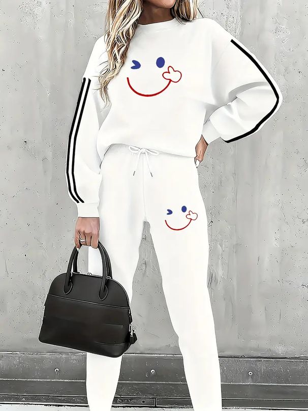 Conjunto feminino com capuz e calça jogger com estampa de carinha sorridente – 9019 Conjunto esportivo gráfico (branco/preto, tamanhos P-XXG)_voghion.com