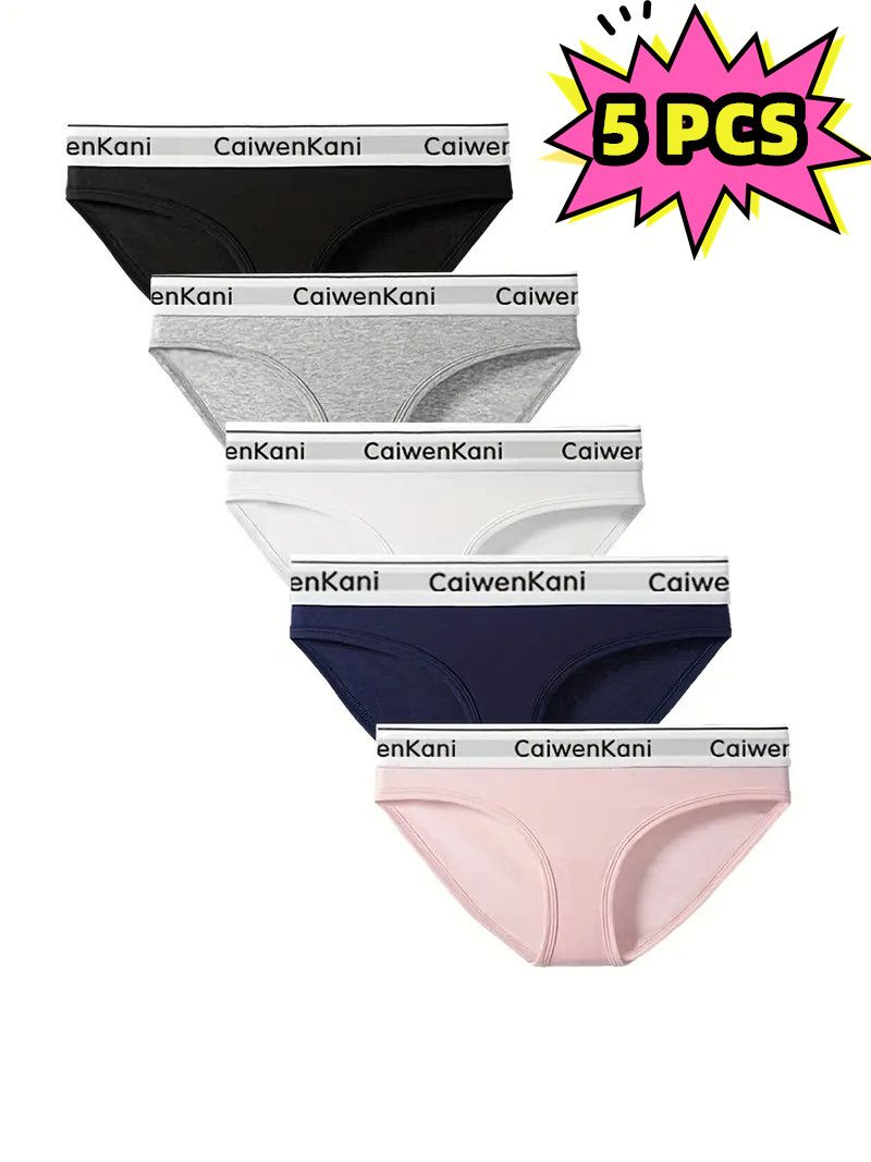 Lot de 5 culottes de bikini avec ruban à lettres, culottes de sport confortables et respirantes, lingerie et sous-vêtements pour femmes_voghion.com