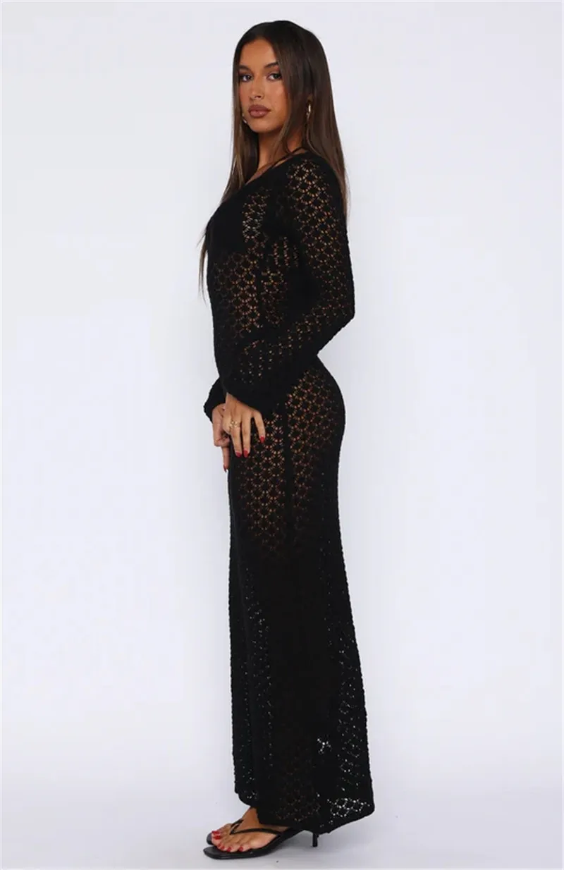 Women's Clothing Sun Protection Dress Sexy Perspective Hollow Knitted Seaside Holiday Beach Long Dress_voghion.com