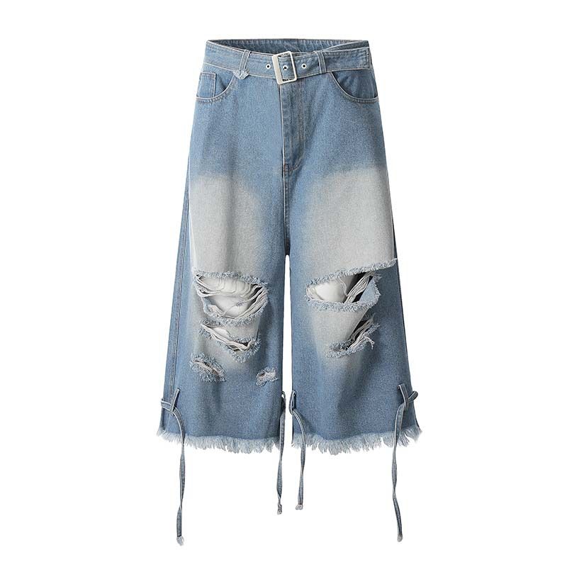 Abbigliamento da uomo, pantaloncini in denim lavato e usurato con orlo strappato retrò, pantaloni larghi e versatili da uomo streetwear_voghion.com
