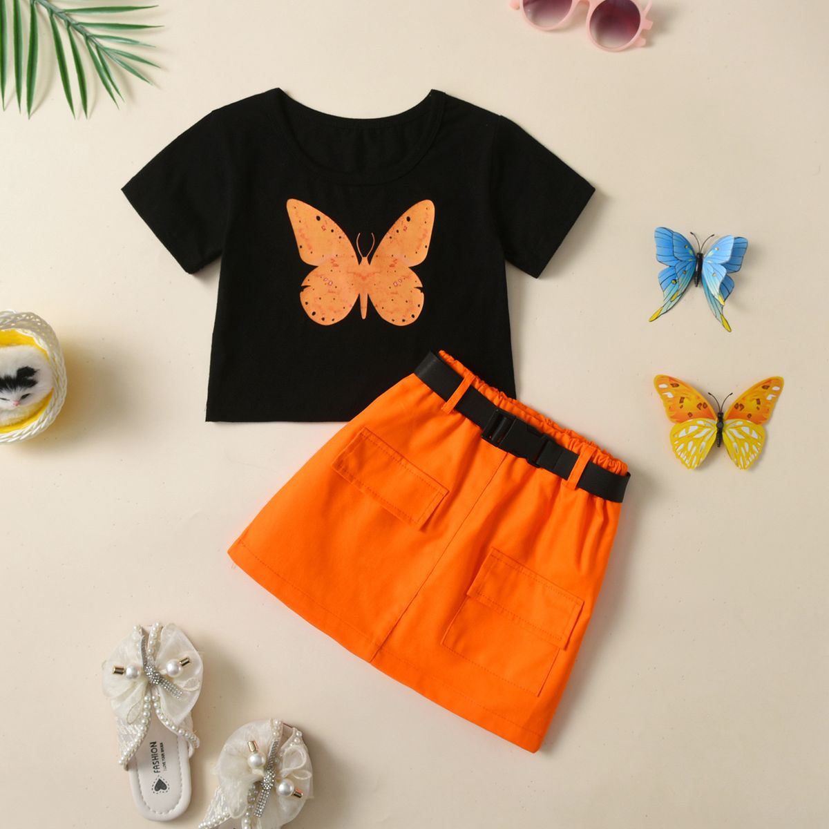 Kid's Clothing New style girls' solid color butterfly pattern T-shirt top casual skirt belt three-piece set_voghion.com